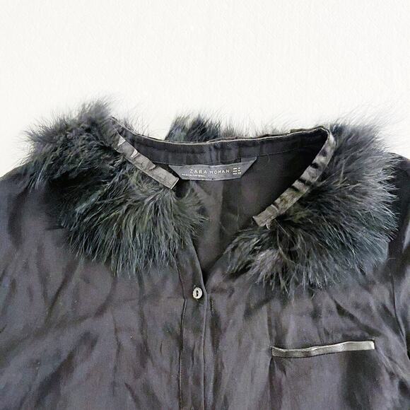 Zara Black Button Down Faux Feather Collar Leather Trim Top SZM - Picture 3 of 6